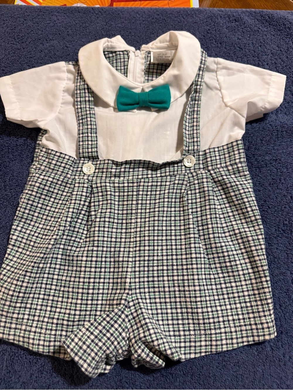 Infant Vintage Michael James Plaid Suspender Romper with Teal Bow 3pc 12M